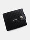 Men Artificial Leather Vintage Embrossed Design Brief Short Wallet Magnet Button Interior Zipper Pocket Slim Purse - Black