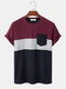Mens Tricolor Patchwork Crew Neck Short Sleeve Preppy T-Shirt With Pocket - Navy