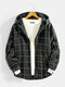 Mens Cotton Plaid Plus Velvet Thick Button Casual Loose Hooded Jacket - Green