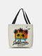 Women White Hawaii Summer Canvas Coconut Tree Letter Pattern Printed Shoulder Bag Handbag Tote - Beige