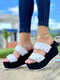 Plus Size Dual Stripe Buckle Slip On Platform Wedges Slippers For Women - White