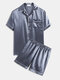 ChArmKpr Men Plain Faux Silk Pajamas Set Two Pieces Solid Color Lapel Collar Satin Sleepwear with Short Sleeve Tops - Gray