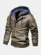 Mens PU Leather Fake Two Pieces Thickened Hooded Long Sleeve Coats Jackets - Khaki