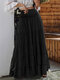 Women Solid Tiered Design Shirred High Waist Skirt - Black