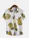 Mens Pineapple Pattern Printed Chest Pocket  Loose Short Sleeve Shirts - White