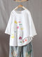 Floral Embroidery O-Neck Half Sleeve T-shirt - White