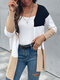 Contrast Color Long Sleeve Open Front Knit Cardigan - Khaki