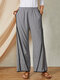Stripe Patch Elastic Waist Casual Cotton Wide Leg Loose Women Pants - Gray