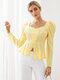 Solid Oblique Button Puff Sleeve Square Collar Blouse - Yellow