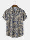 Mens Floral Plaid Print Lapel Vintage Short Sleeve Shirts - Blue