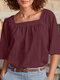 Square Collar Half Sleeve Solid Blouse For Women - Wine Red