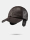 Men Cow Leather Solid Letter Embossing Dome Built-in Ear Protection Windproof Warmth Earflap Hat Baseball Cap - Dark Coffee With Built-in Ear Pr
