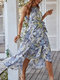 Holiday Flower Print Belt Sleeveless Ruffle Irregular Dress - Blue