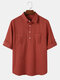 Camisas masculinas lisas plissadas de algodão com bolso duplo e manga enrolada Henley - Vermelho Laranja