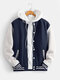 Mens Classical Plus Velvet Patchwork Thick Casual Loose Cotton Baseball Uniform Jacket - Navy
