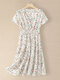 Women Floral Print V-neck Elastic Waist Short Sleeve Dress - White