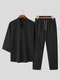 Mens Solid Texture Notched Neck Casual Two Pieces Outfits - Black