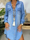 Denim Solid Color High-low Hem Long Sleeve Casual Dress For Women - Light Blue