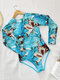 Women Tropical Plant Print High Neck Backless Long Sleeve Slimming Surfing One Piece Swimsuit - Blue
