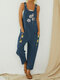 Straps Printed Patchwork Casual Jumpsuit With Pocket - Navy