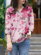 Women Floral Leaf Print V-Neck High-Low Hem Cotton Blouse - Pink