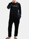 Men Flannel Pajamas Set Thermal Plain O Neck Long Sleeve Home Loungewear - Navy