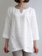 Solid Casual Notch Neck 3/4 Sleeve Blouse - White