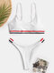 Women Thong Bikinis Solid Striped Trim Swimwear - White