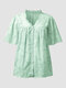 Blusa de manga corta con botones y cuello en V con borde de lechuga floral - Verde