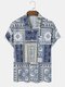 Mens Paisley Scarf Print Lapel Ethnic Style Short Sleeve Shirts - Blue