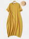 فستان فضفاض بأكمام قصيرة وجيوب جانبية قطنية كبيرة الحجم Plus - الأصفر