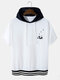 Designer Mens Cartoon Panda Embroidery Patchwork Ribbed Hem Short Sleeve Hooded T-Shirt - White