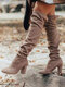 Plus Size Comfy Suede Lace-up Womens Elegant Over The Knee Heeled Boots - Khaki