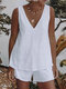 Women Solid V-Neck Sleeveless Tank Casual Cotton Co-ords - White