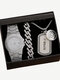 3 Pcs Men Watch Set Inlaid Diamond Steel Band Quartz Watch Necklace Bracelet Jewelry Gift Kit - Silver