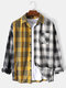 Mens Patchwork Plaid Preppy Lapel Long Sleeve Shirt With Pocket - Yellow