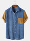 Mens Corduroy Patchwork Turn Down Collar Short Sleeve Shirts - Blue