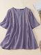 Floral Embroidery Keyhole Back Short Sleeve Casual Blouse - Purple