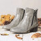 Large Size Women Retro Pu Leather Chunky Heel Zipper Ankle Boots - Grey