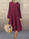 Vintage Pleated V-neck Long Sleeve Plus Size Dress - Red