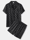 Mens Checkered Revere Collar Button Up Satin Cozy Pajamas Sets - Black