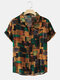 Mens Vintage Color Block Pattern Pocket Short Sleeve Shirt - Green