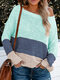 Striped Contrast Color Long Sleeve O-neck Sweater For Women - Green