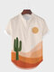 Herrenhemden mit Kaktus-Landschaftsdruck und abgerundetem Saum, kurzärmelig - Hell orange