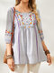 Embroidery Flowers Buttons Half Sleeve Ribbons Bohemia Blouse - Blue