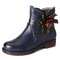 SOCOFY Retro Solid Color Handmade Flower Genuine Leather Soft Flat Short Boots - Blue