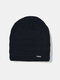 Men Knitted Plus Velvet Solid Color Striped Letter Metal Label Outdoor Warmth Brimless Beanie Hat - Navy