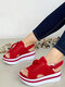 Plus Size Women Solid Color Breathable Mesh Hook & Loop Casual Platform Sandals - Red