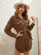 Solid Color Belt Button Lapel Long Sleeve Casual Dress - Brown