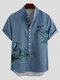 Mens Bird Plant Print Half Button Cotton Henley Shirts - Blue